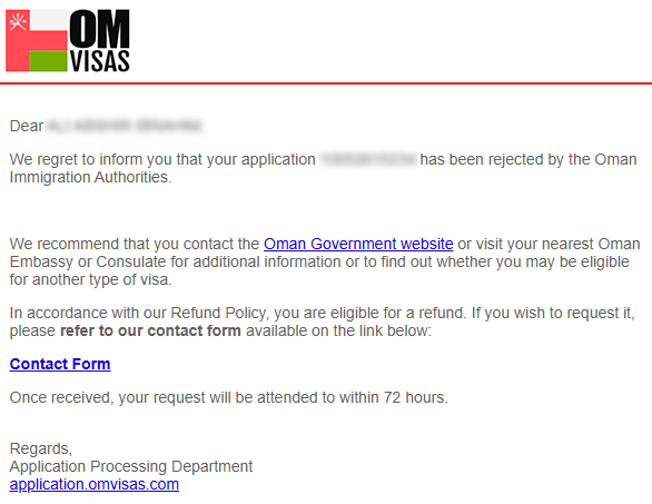 oman visa denied email notification